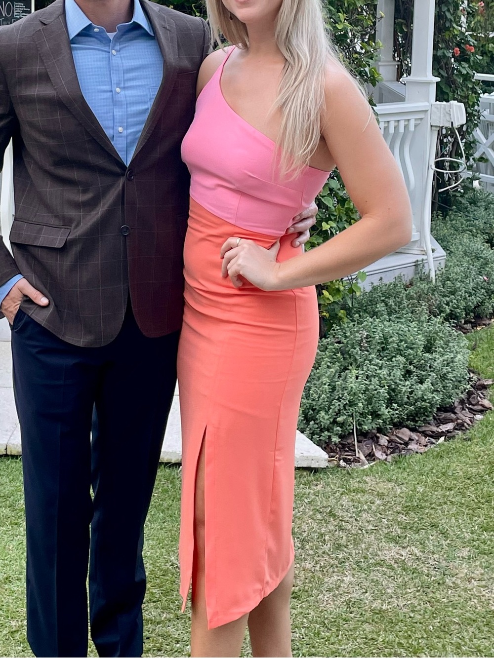 One-Shoulder Colorblock Midi Dress in Pink and Coral, size 6 petal & pup